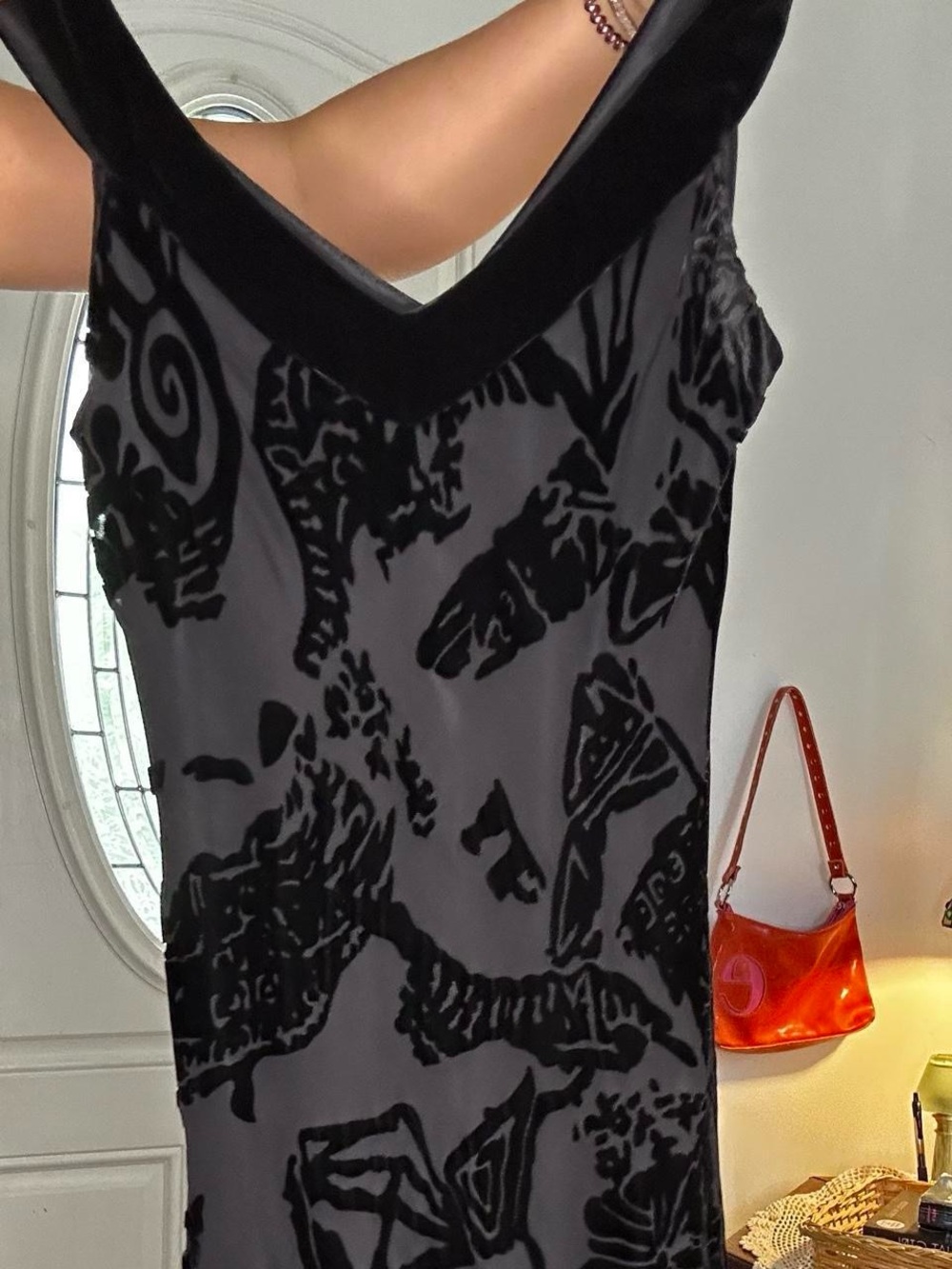 Black Floral Velvet Burnout V-Neck Slip Silk Dress - Women - Picture 7 of 8